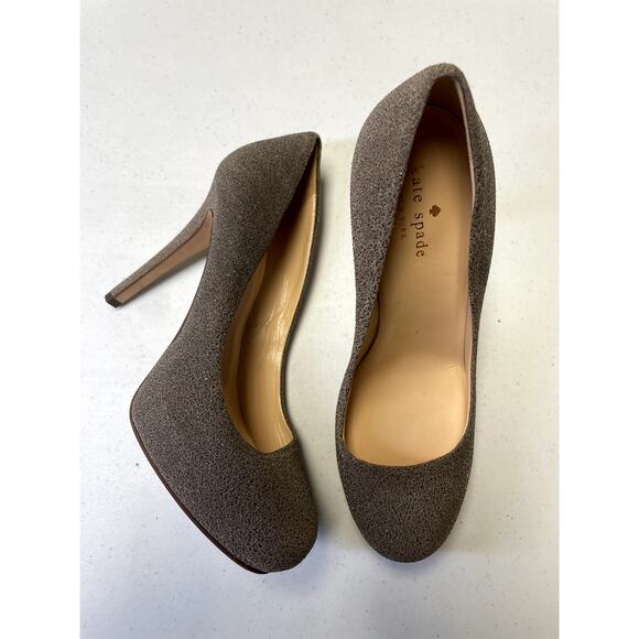 KATE SPADE Glitter Round Toe Suede Pumps Stiletto Heel Taupe Gray Women's 8 - Picture 1 of 10